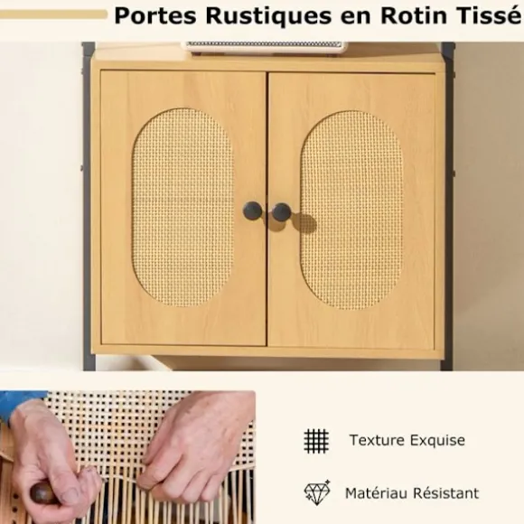COSTWAY Bibliotek Reol med 6 Niveauer og Rattan Skab, Metalramme, Til Stue, Værelse, Kontor, 30x60x180cm Naturlig
