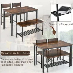 COSTWAY bord- og 2 stolesæt 1 bænk - 4 personer, industriel stil, metalkonstruktion til spisestue, restaurant, køkken