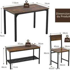 COSTWAY bord- og 2 stolesæt 1 bænk - 4 personer, industriel stil, metalkonstruktion til spisestue, restaurant, køkken