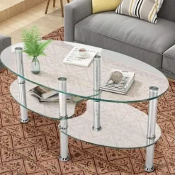 COSTWAY Bordsbord i hærdet glas, stuebord med 3 hylder til kaffeværelse, 89 x 51 x 45,5 cm, gennemsigtig