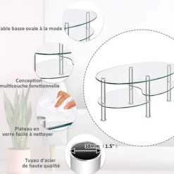 COSTWAY Bordsbord i hærdet glas, stuebord med 3 hylder til kaffeværelse, 89 x 51 x 45,5 cm, gennemsigtig