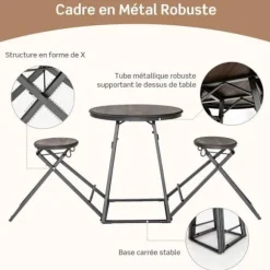 COSTWAY bordsæt og 2 foldbare skamler, robust metalstel, industrielt stående spisebord, til køkken, spisestue