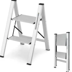 COSTWAY Bærbar 2-Trins Sammenklappelig Aluminiumsstige med Bred Platform, Skridsikre Gummistigefødder, Belastning 150 kg