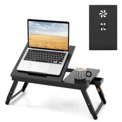 COSTWAY bærbart oversengsbord til pc og tablet termisk design, foldbart og vippebord med lille skuffe, brun
