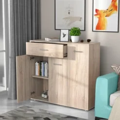 COSTWAY Buffet i Køkken Skab Opbevaringsmøbel med 1 Skuffe og 3 Døre i MDF 90 x 29 x 82 CM (L x B x H) Naturlig Kommode