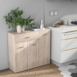 COSTWAY Buffet i Køkken Skab Opbevaringsmøbel med 1 Skuffe og 3 Døre i MDF 90 x 29 x 82 CM (L x B x H) Naturlig Kommode
