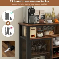 COSTWAY Buffet-Køkkenskab - Vinrum til 8 Flasker, 6 Rækker af Glasholdere, 2 Låger - Spisestue, Stue - Brun