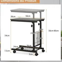 COSTWAY C Roulante Bordbord, Justerbar Højde 58-80 cm, med Opbevaringskurv, til Bærbar Computer, Grå