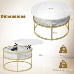 COSTWAY Cafébord med hævefunktion, Rund centerbord 80 cm med 2 niveauer, Skjult rum og sidehylder, Hvid Vitt och guld