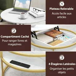 COSTWAY Cafébord med hævefunktion, Rund centerbord 80 cm med 2 niveauer, Skjult rum og sidehylder, Hvid Vitt och guld