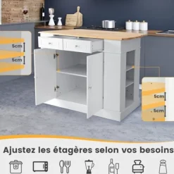 COSTWAY Central Køkkenø med Skuffer og 2 Døre 120x61x92cm Køkkenvogn med Justerbar Hylde, Siderhylle Hvid Vit