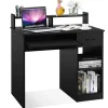 COSTWAY Computer Desk med Skuffe og 2 Opbevaringshylder, Computerarbejdsplads med Tastaturplade til Hjemmestudie