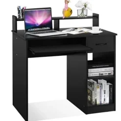 COSTWAY Computer Desk med Skuffe og 2 Opbevaringshylder, Computerarbejdsplads med Tastaturplade til Hjemmestudie