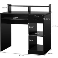 COSTWAY Computer Desk med Skuffe og 2 Opbevaringshylder, Computerarbejdsplads med Tastaturplade til Hjemmestudie