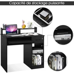 COSTWAY Computer Desk med Skuffe og 2 Opbevaringshylder, Computerarbejdsplads med Tastaturplade til Hjemmestudie