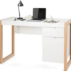 COSTWAY Computer Skrivebord Modern Style 112,5 x 50 x 75 CM 2 Skuffer, Studiebord til hjemmekontor Soveværelse Lavet af MDF Vit