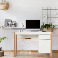 COSTWAY Computer Skrivebord Modern Style 112,5 x 50 x 75 CM 2 Skuffer, Studiebord til hjemmekontor Soveværelse Lavet af MDF Vit
