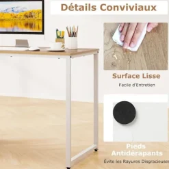 COSTWAY computerbord med reol, metalstel, computerbord med 5 rum, 115 x 59,5 x 75 cm, naturlig Natur + Vit