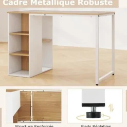 COSTWAY computerbord med reol, metalstel, computerbord med 5 rum, 115 x 59,5 x 75 cm, naturlig Natur + Vit