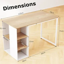 COSTWAY computerbord med reol, metalstel, computerbord med 5 rum, 115 x 59,5 x 75 cm, naturlig Natur + Vit