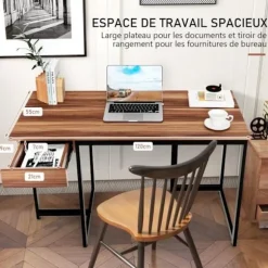 COSTWAY computerbord med skuffe, metalramme, justerbar fodstøtte, 120 x 55 x 75 cm, valnød Valnöt