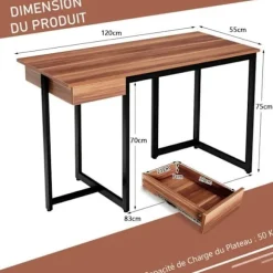 COSTWAY computerbord med skuffe, metalramme, justerbar fodstøtte, 120 x 55 x 75 cm, valnød Valnöt