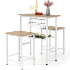 COSTWAY 3-delt Ensemble - Oval Bord og 2 Barstole - Flaskehænger, Vin-glasholder til Køkken, Bistro Natur