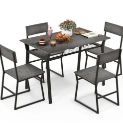 COSTWAY 5-delt spisebordssæt med 4 industristole, opbevaringshylde, metalstel, 110x70x75 cm, grå