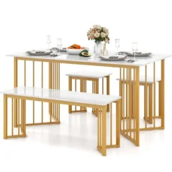 COSTWAY 4-delt spisebordssæt med bænk og 2 skamler Moderne med metalben til lejlighed, spisestue