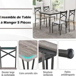 COSTWAY 5-delt spisebordssæt med 4 stole, metalstel, 110 x 70 x 76 cm, til køkken, morgenmadskrog