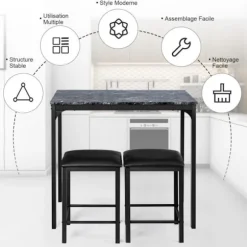 COSTWAY 3-delt spisebordssæt med 2 rygløse skamler i imiteret læder, kompakt design, til køkken, stue, sort Svart