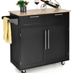 COSTWAY Desserte/Chariot de Cuisine på Hjul - 94x45x94,5 CM - 2 Skuffer - 2 Døre - Håndklædestativ - Køkkenø - Sort