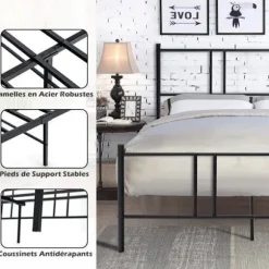 COSTWAY dobbeltseng til voksne - Sengeramme i metal - 160 x 200 CM - 9 støtteben - ingen boxfjeder nødvendig - lydløs Svart