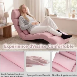 COSTWAY Doven Stol med Pude, Ryg 90°-180°, Sammenklappelig Gul Stol i Suede Overflade, 175 x 55 x 20CM Rosa