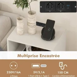 COSTWAY drevskab med 5 åbne rum, USB-port & Type-C-port, metalfødder, industriel stil, 48x40x88 cm, hvid