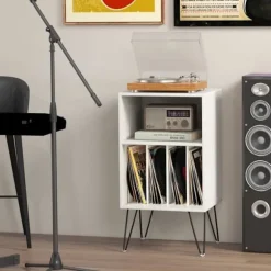 COSTWAY drevskab med 5 åbne rum, USB-port & Type-C-port, metalfødder, industriel stil, 48x40x88 cm, hvid