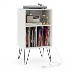 COSTWAY drevskab med 5 åbne rum, USB-port & Type-C-port, metalfødder, industriel stil, 48x40x88 cm, hvid Vit