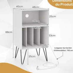 COSTWAY drevskab med 5 åbne rum, USB-port & Type-C-port, metalfødder, industriel stil, 48x40x88 cm, hvid Vit