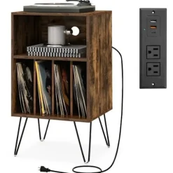 COSTWAY drevskab med 5 åbne rum, USB-port og Type-C-port, metalfødder, industriel stil, 48 x 40 x 88 cm kastanj