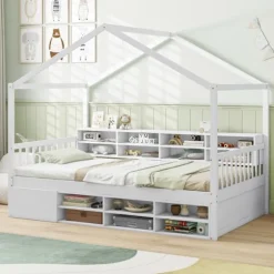 COSTWAY enkeltseng 90x200 cm med tag, 14 opbevaringskuber, garderobe med dør, børneseng med lamelbund Vit