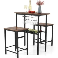 COSTWAY Ensemble 3 Stykker - Oval Spisebord og 2 Taburetter - Vinflaskeholder, Vinglasholder til Køkken, Bistro Brun
