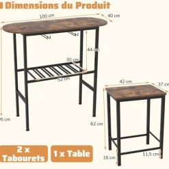 COSTWAY Ensemble 3 Stykker - Oval Spisebord og 2 Taburetter - Vinflaskeholder, Vinglasholder til Køkken, Bistro Brun