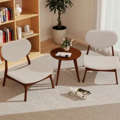 COSTWAY Ensemble 3 Stykker Stue - Siddebord med 2 Polstrede Stole i Lammeskinn Væv og Moderne Træramme Beige