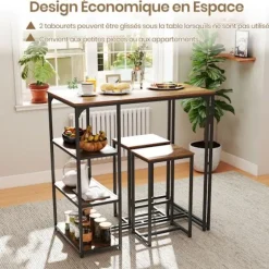 COSTWAY Ensemble Spisebord og Stole til 2 Personer - 3 Opbevaringshylder til Små Rum, Køkken 110 x 60 x 110cm