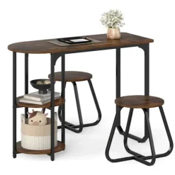 COSTWAY Ensemble Spisebord Industriel 3 PCS 110 x 45 x 78 cm med 2 Høje Stole - Opbevaringshylder Brun