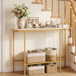 COSTWAY Entréekonsol med Syntetisk Marmorplade og Metalramme 110 x 30 x 91 cm (L x B x H) Hvid og Guld