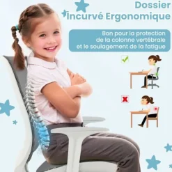 COSTWAY Ergonomisk Dækkontorstol til Børn 6-15 år, 5 Bremserulle, Justerbar Sædehøjde 43-55cm, Grå