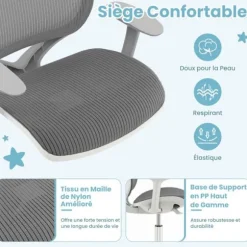 COSTWAY Ergonomisk Dækkontorstol til Børn 6-15 år, 5 Bremserulle, Justerbar Sædehøjde 43-55cm, Grå