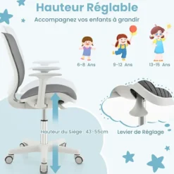 COSTWAY Ergonomisk Dækkontorstol til Børn 6-15 år, 5 Bremserulle, Justerbar Sædehøjde 43-55cm, Grå