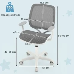 COSTWAY Ergonomisk Dækkontorstol til Børn 6-15 år, 5 Bremserulle, Justerbar Sædehøjde 43-55cm, Grå
